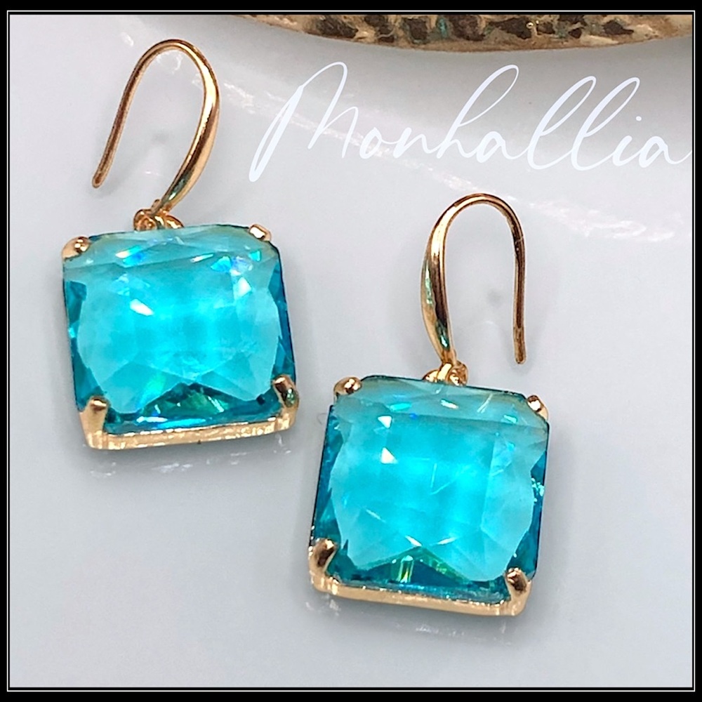 925 ice cube blue topaz emerald cut gold translucent crystal lucite earrings